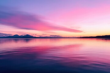 Fototapeta premium Calm sunset over a serene lake with soft pink and orange hues reflecting on the water's surface.