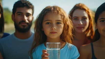 Obraz premium A young girl holds a glass of water while surrounded by friends. AI.