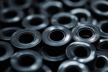A detailed view of black industrial rings stacked together, highlighting their shiny, smooth surfaces