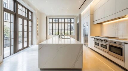 Fototapeta premium Sleek modern kitchen featuring minimalist design and high-end appliances, capturing a sense of luxury and timeless elegance