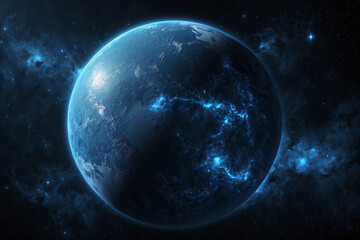 Obraz premium Glowing blue fictional planet in outer space