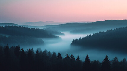 Fototapeta premium A beautiful fog-enshrouded landscape at dusk, where the last light of day meets the mist.