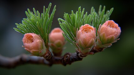 Larch Tree Flower Buds  Springtime Nature Close Up  Dew Drops  Green Needles  Macro Photog
