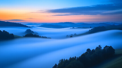 Fototapeta premium A beautiful fog-enshrouded landscape at dusk, where the last light of day meets the mist.