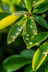Close-up of dewdrops glistening on vibrant green leaves in the early morning light.