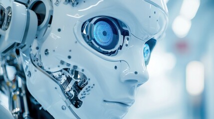 An extreme close-up of the modular facial recognition system and personalized interaction capabilities of a humanoid customer service robot in a service industry robotics lab, Robotics style, photo of