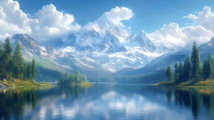 A serene mountain lake with snow-capped peaks reflected in the water, surrounded by lush green trees under a clear blue sky with fluffy clouds.