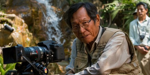 Fototapeta premium A photographer with a professional camera looks at the lens. AI.