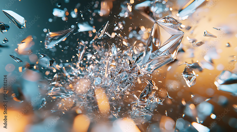 Poster glass shattering in hyper realistic style, creating dynamic explosion of sharp shards and reflection