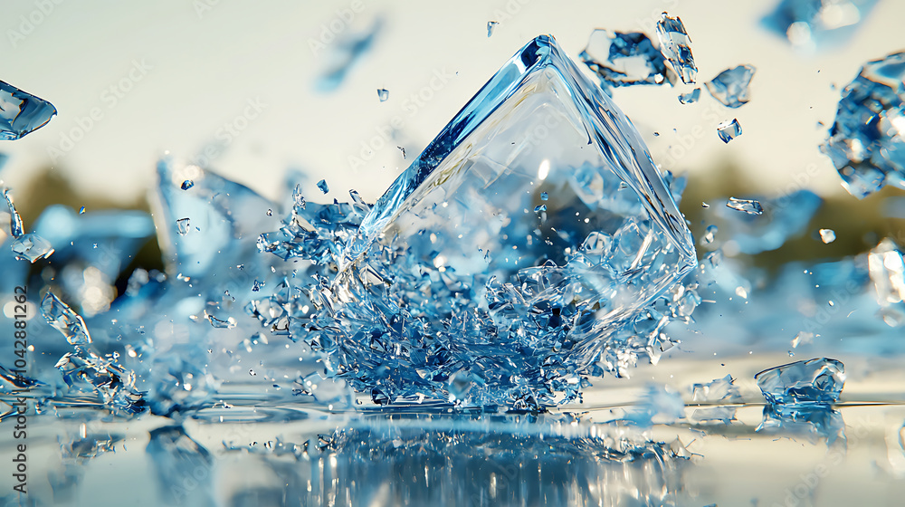Poster glass shattering into numerous sparkling shards, creating dynamic and captivating scene. hyper realistic style emphasizes beauty of flying fragments and play of light on glass