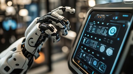 An extreme close-up of the modular interface and user-friendly control panel of a humanoid customer service robot in a retail automation robotics lab, Robotics style, photo of