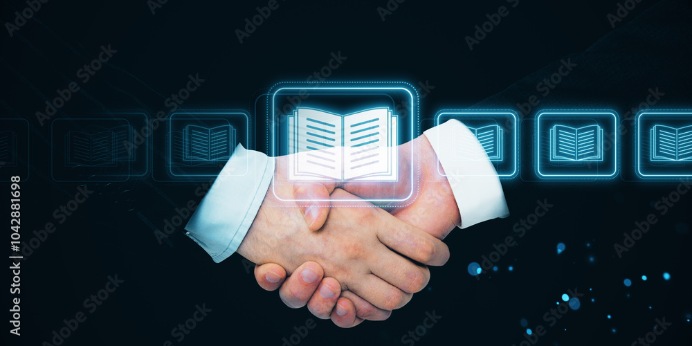 Poster close up of hand using creative e-book hologram on dark background. e-library, digital book concept.