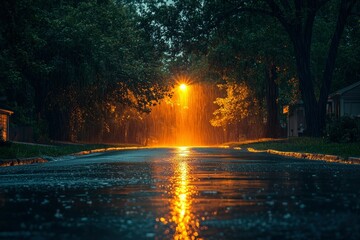 Street Lamp Illuminating a Rainy Night in a Residential Area