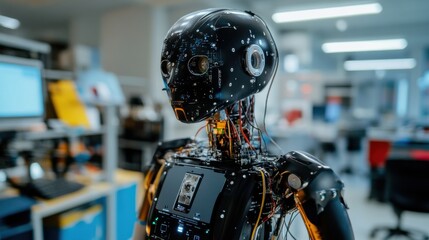 An extreme close-up of the multi-modal sensory integration and environmental monitoring sensors of a humanoid environmental monitoring robot in a research robotics lab, Robotics style, photo of