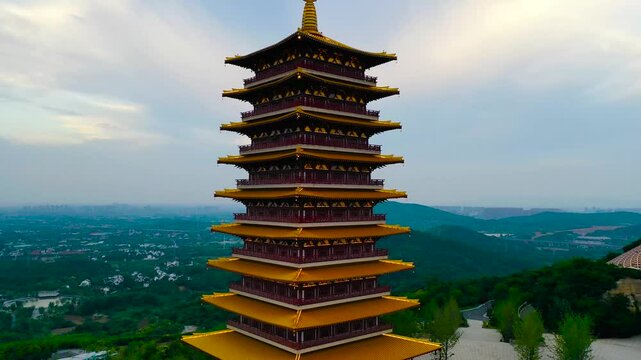 Close-up aerial photography of ancient Chinese buildings and pagodas