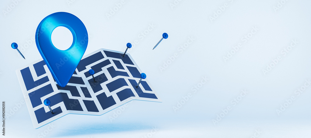 Poster Close up of blue map with pin on wide white background with mock up place. Locator and gps concept. 3D Rendering.