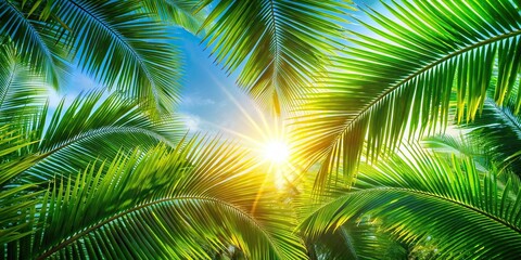 Obraz premium Forced perspective of palm tree leaves in sunlight against summer background