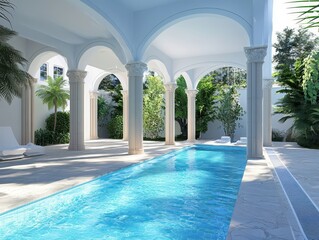 Obraz premium Elegant spa oasis with a luxurious, refreshing swimming pool for ultimate relaxation and tranquility.
