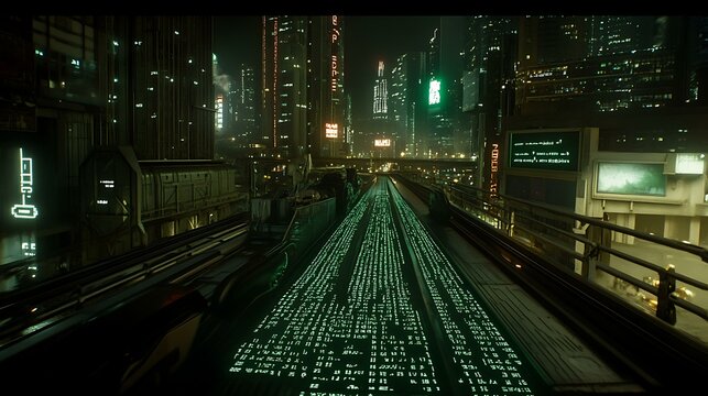 Binary code flowing into a futuristic New Year's celebration scene