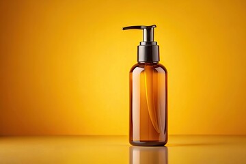 cosmetic lotion bottle mockup with amber glass and yellow background