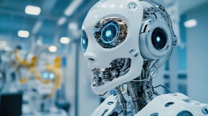 Fototapeta premium An extreme close-up of the multi-modal sensory integration and environmental perception systems of a humanoid environmental monitoring robot in an ecological research center, Robotics style, photo of