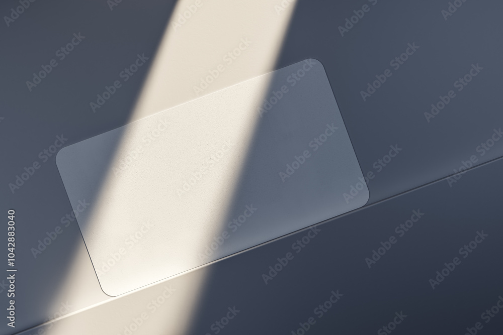 Poster Close up and top view of empty white business card on light desk surface with sunlight. Ad concept. Mock up, 3D Rendering.