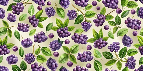 Forced perspective seamless pattern of purple berries and leaves
