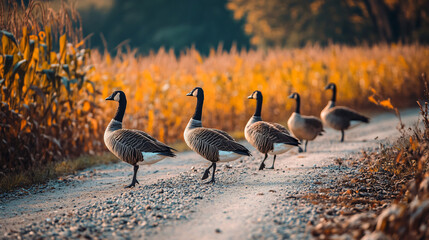 Fototapeta premium Wild geese walking along a gravel road near a field of corn during Thanksgiving.