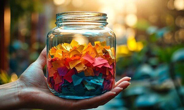 A hand holding a jar filled with colorful paper scraps.