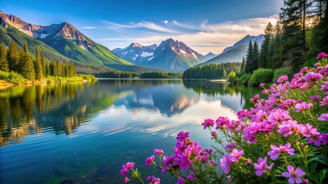 Forced perspective serene mountain lake with pink and purple flowers