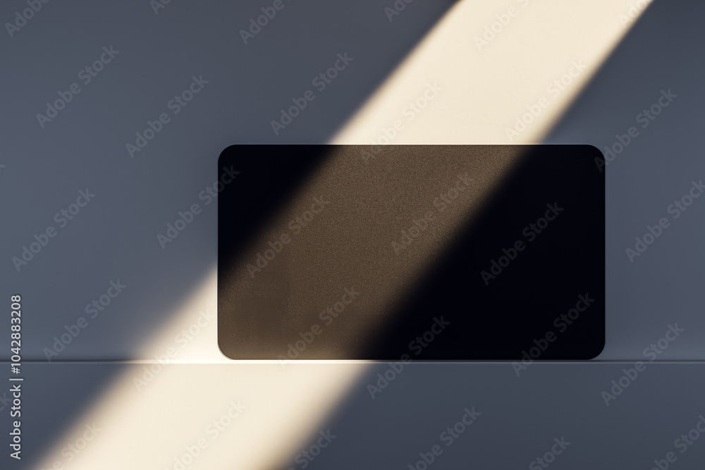 Poster Close up and top view of clean black business card on light desk surface with sunlight. Ad concept. Mock up, 3D Rendering.