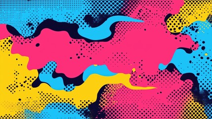 Colorful abstract design with pink, blue, yellow, black shapes and dots