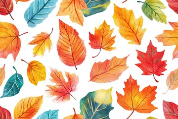 Vibrant seamless pattern of colorful watercolor autumn leaves in warm fall shades for seasonal design backgrounds
