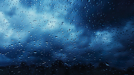 Obraz premium A window surface with raindrops, dark blue and cloudy sky. Blurred bokeh rain background.