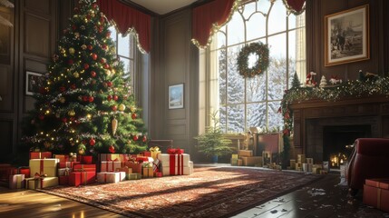 Photorealistic Christmas morning scene with gifts being unwrapped under the tree and a joyful atmosphere