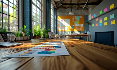 Bright workspace with charts and plants, ideal for productivity.