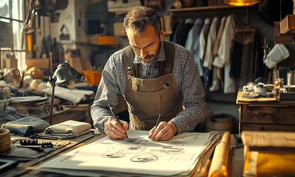 Artisan sketching designs in a workshop filled with tools and materials.