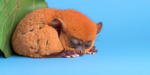 Obraz premium Cute Sleeping Tarsier on Blue Background Wildlife Photography