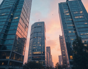 Fototapeta premium Modern Skyscrapers Under a Stunning Pink Sky at Sunset