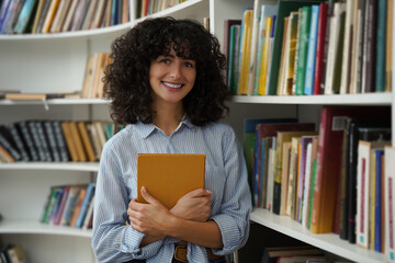 Sweet curly-haired young girl at the bookshelves in the library