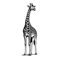Obraz premium Giraffe in Standing Position Black and White Outline Line Art Drawing with Detailed Features