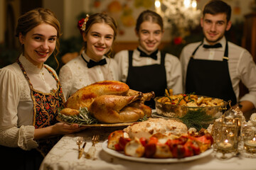 Naklejka premium Four people, two men and two women, dressed in black and white, are standing behind a table with a large roasted turkey and other food