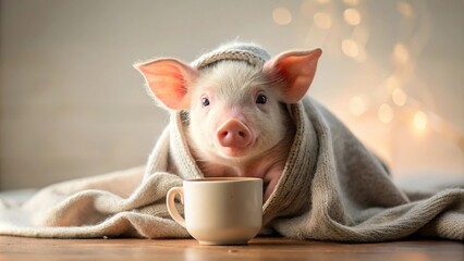 cozy piglet wrapped in blanket with warm beverage silhouette