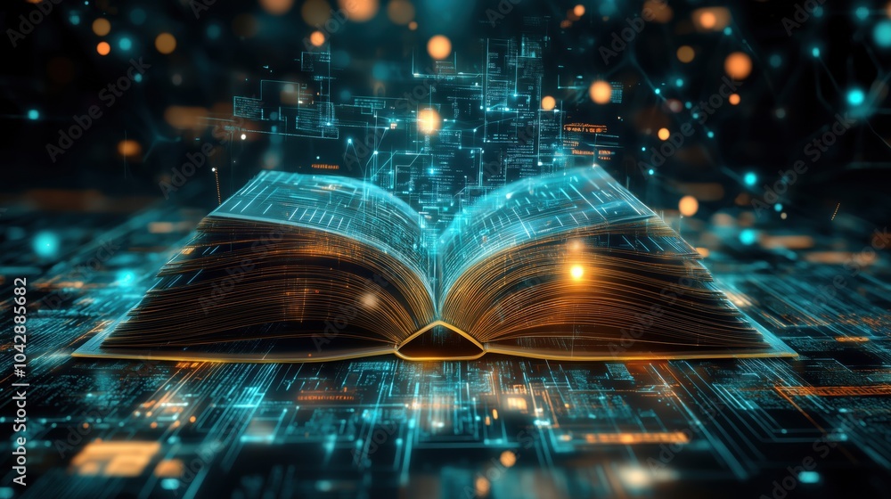 Poster digital book with glowing circuits and data streams, futuristic technology concept