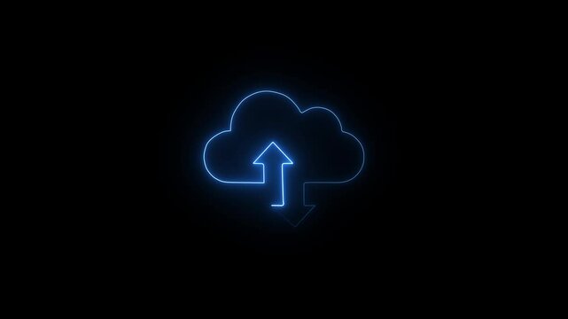 Neon digital cloud icon, data transfer animation. Glowing neon cloud storage with arrows, looped animation. Cloud space and technology, data backup, file repository, upload database icon isolated  4k 