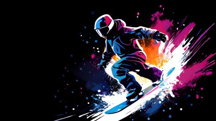 Naklejka premium Snowboarder mid-jump, depicted as a minimalistic silhouette in motion, with dynamic curves and abstract snow spray in contrasting colors