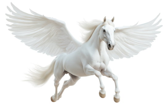 Majestic White Winged Pegasus Horse Soaring in the Sky on transparent  Background