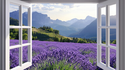 Fototapeta premium View of lavender flower field from window with mountain background