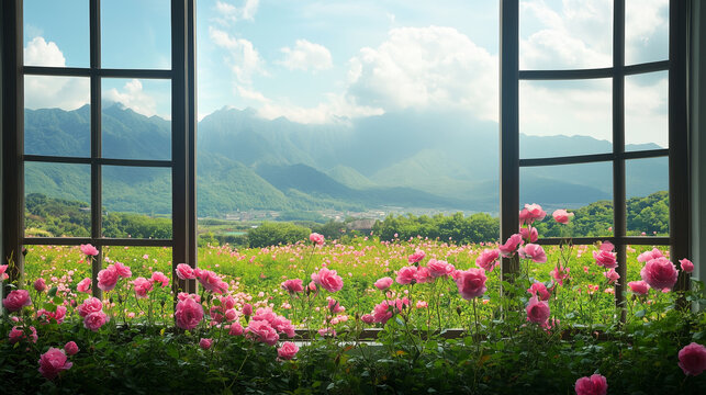 Fototapeta View of rose flower field from window with mountain background