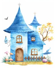 A charming of a whimsical blue house with spires, surrounded by colorful mushrooms and autumn leaves, featuring a cozy atmosphere and magical elements.